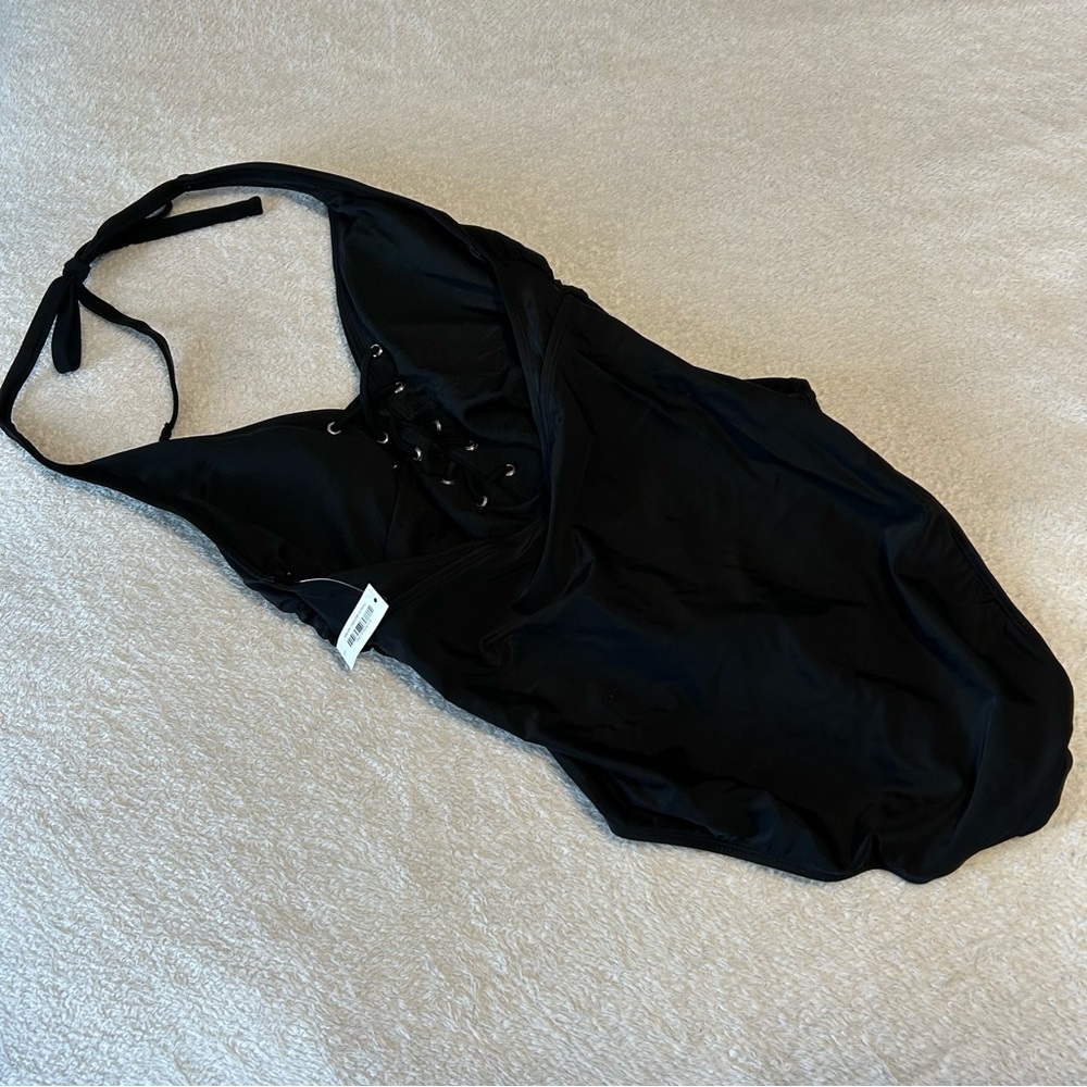 Adore Me large black v-neck lace up tie one piece bathing suit swim suit NWT - Picture 4 of 6